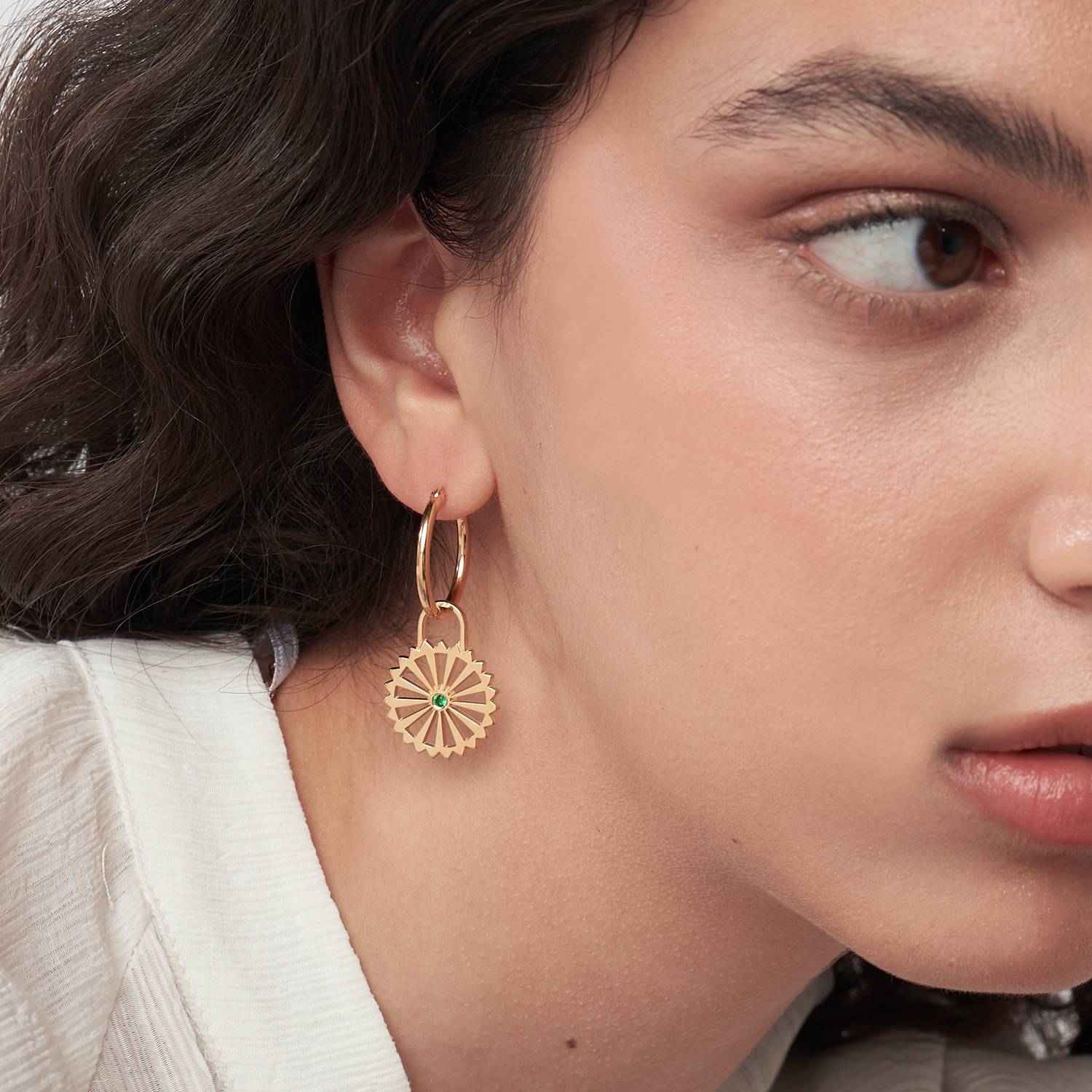 Sun Compass Hoop Earrings with Cubic Zirconia  - Gold Vermeil-1 product photo