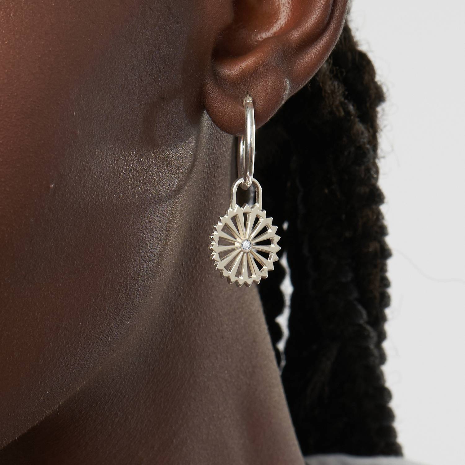 Sun Compass Hoop Earrings with Diamond - Silver product photo