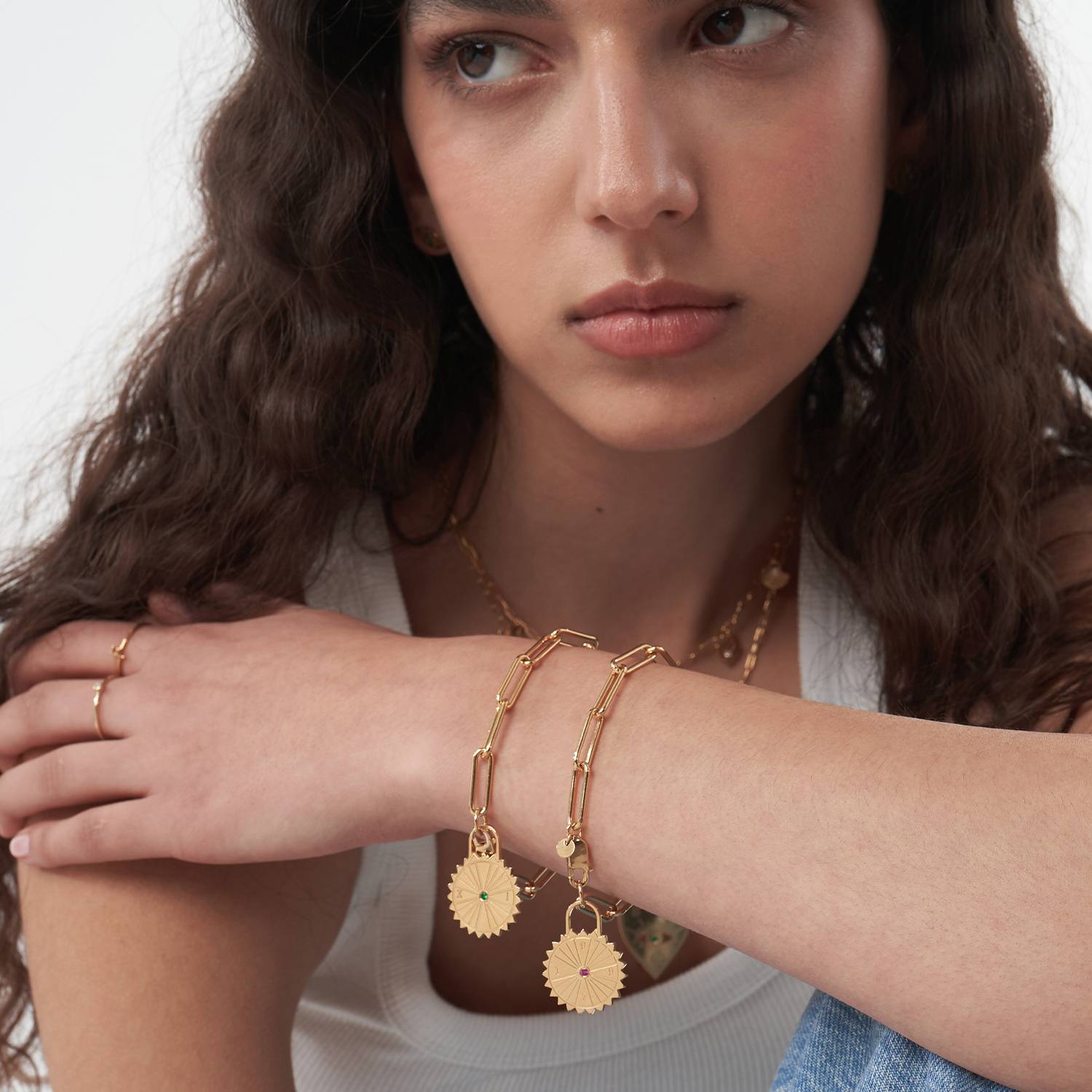 Sun Compass Initials Bracelet with Cubic Zirconia  - Gold Vermeil-4 product photo