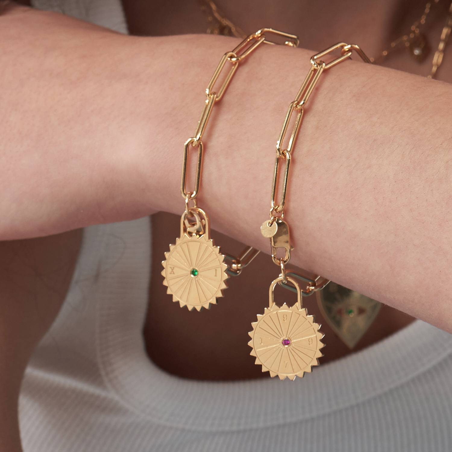 Sun Compass Initials Bracelet with Cubic Zirconia  - Gold Vermeil-3 product photo