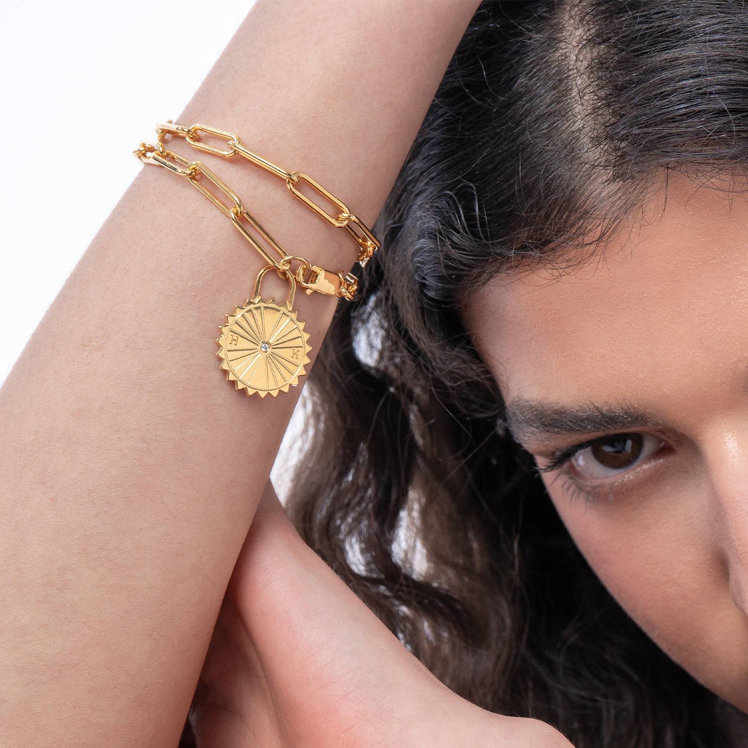 Sun Compass Initials Bracelet with Diamonds  - Gold Vermeil-1 product photo