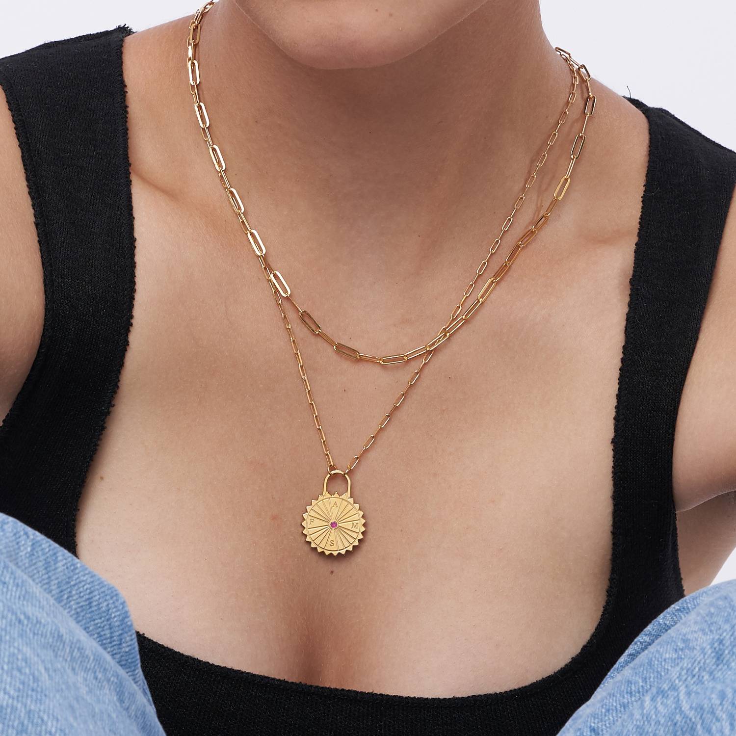 Sun Compass Initials Necklace with Cubic Zirconia  - Gold Vermeil-4 product photo