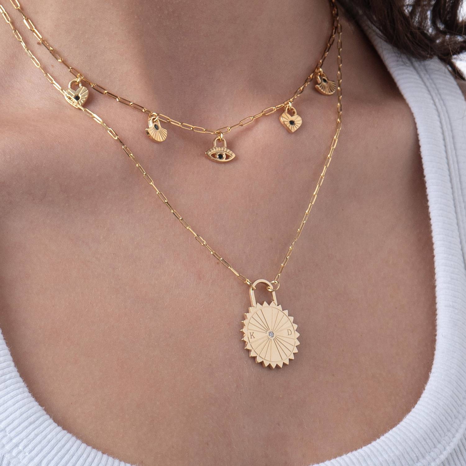 Sun Compass Initials Necklace with Diamonds  - 14k Solid Gold-2 product photo
