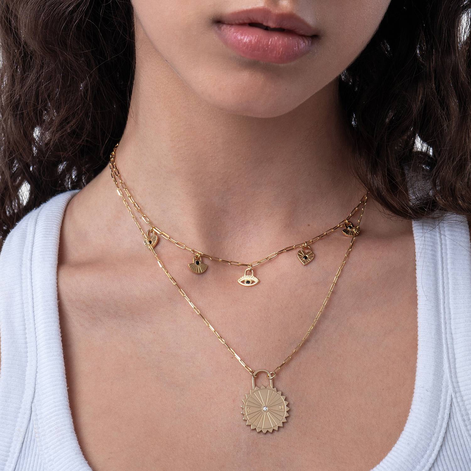 Sun Compass Initials Necklace with Diamonds  - 14k Solid Gold-6 product photo