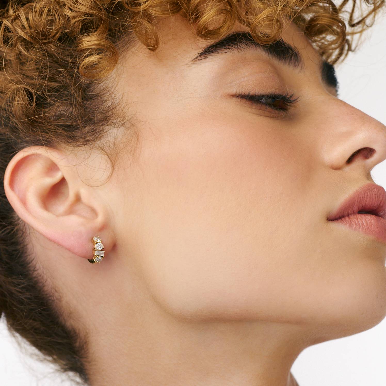 Three Stone Huggie Hoops -  Gold-2 product photo
