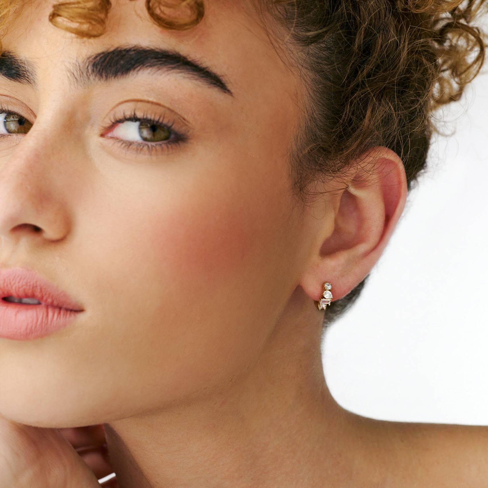 Three Stone Huggie Hoops -  Gold-4 product photo