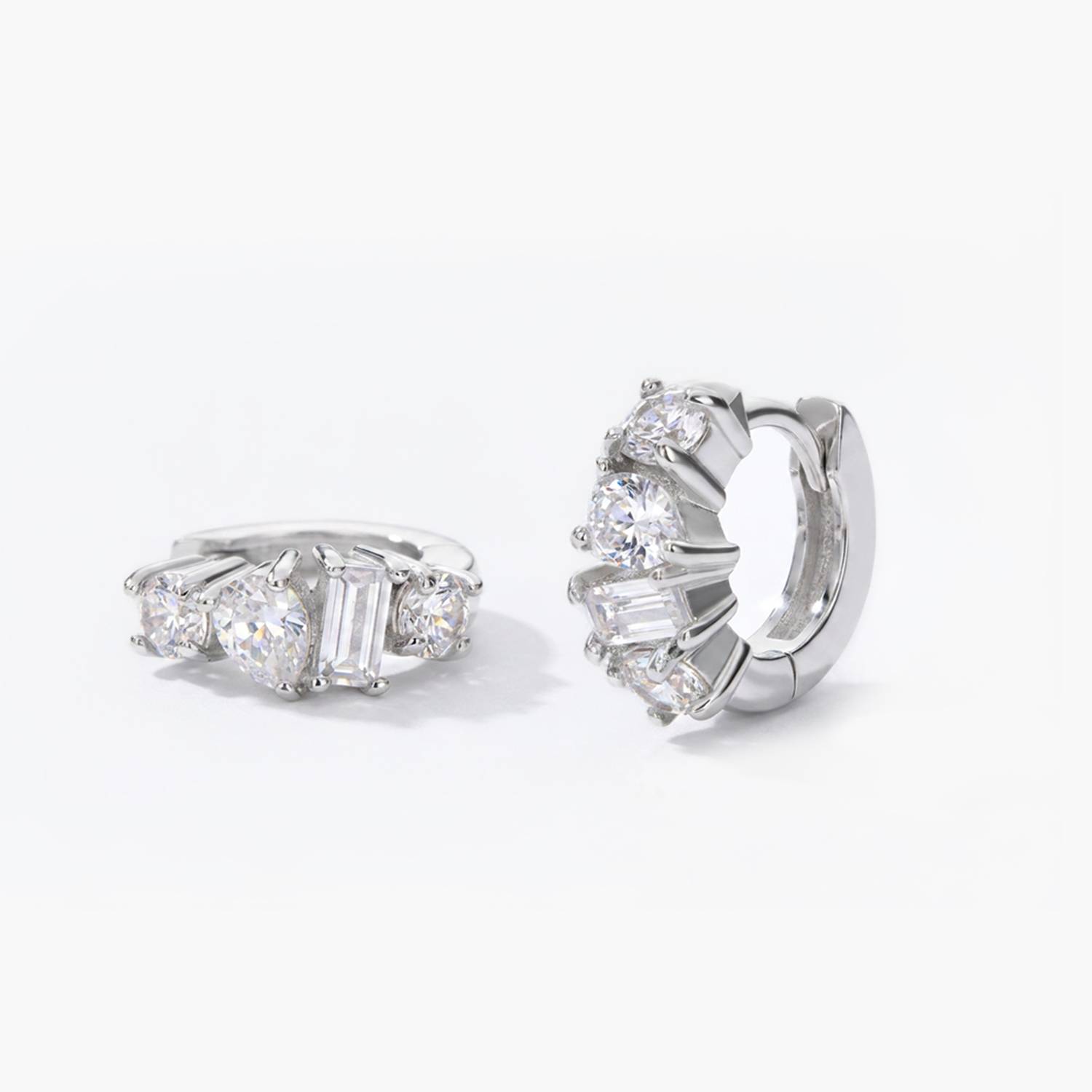Three Stone Huggie Hoops - Silver-3 product photo