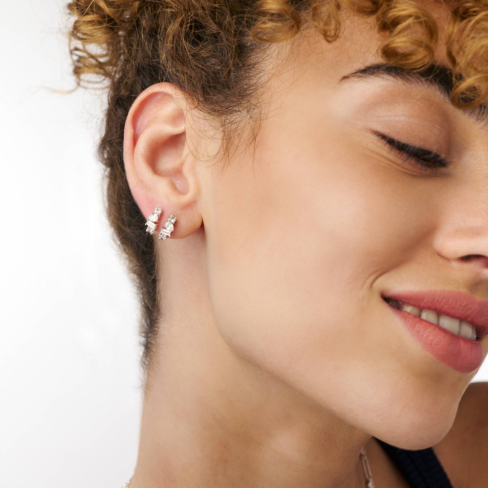 Three Stone Huggie Hoops - Silver-2 product photo