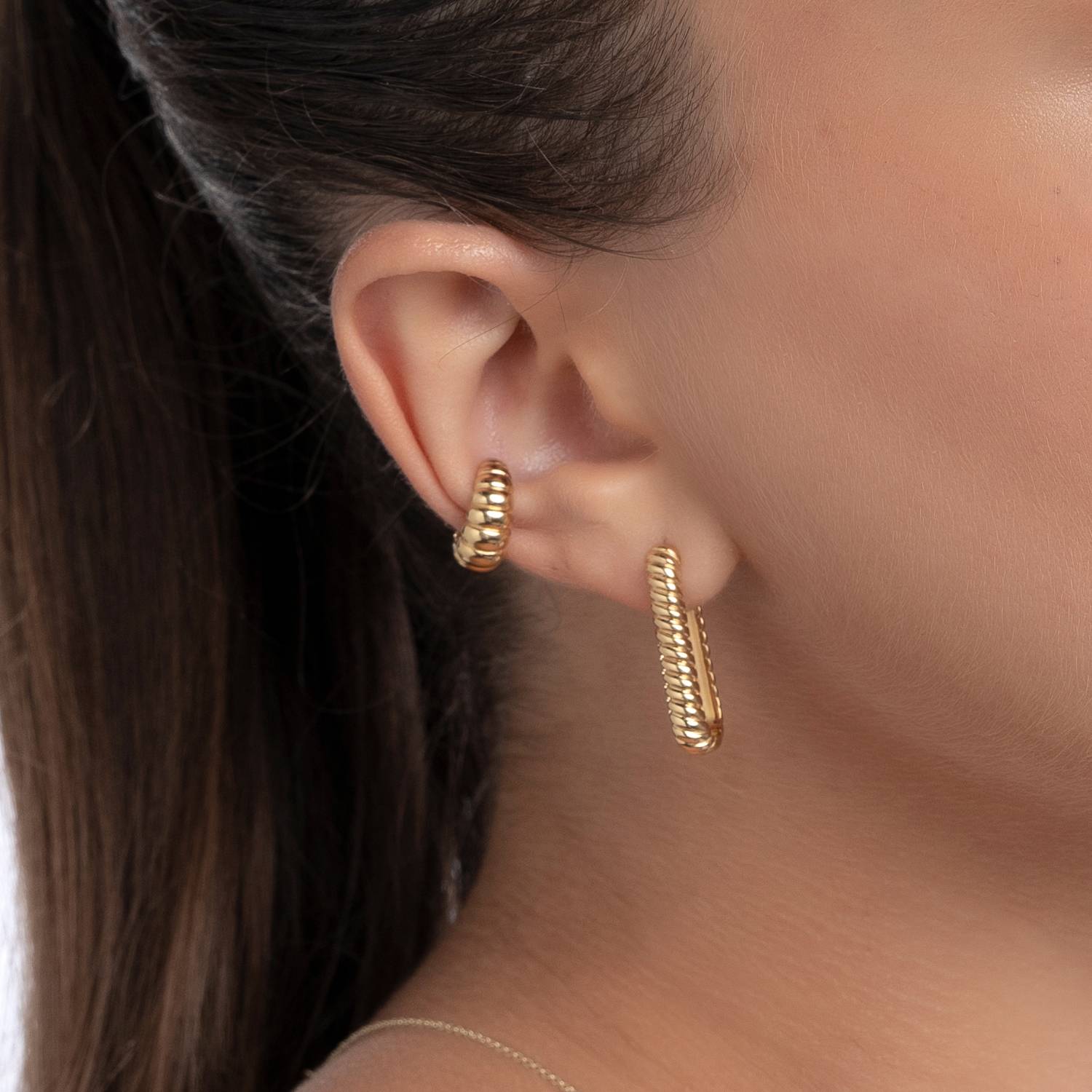 Twisted Rectangle Hoop Earrings- Gold Vermeil-4 product photo