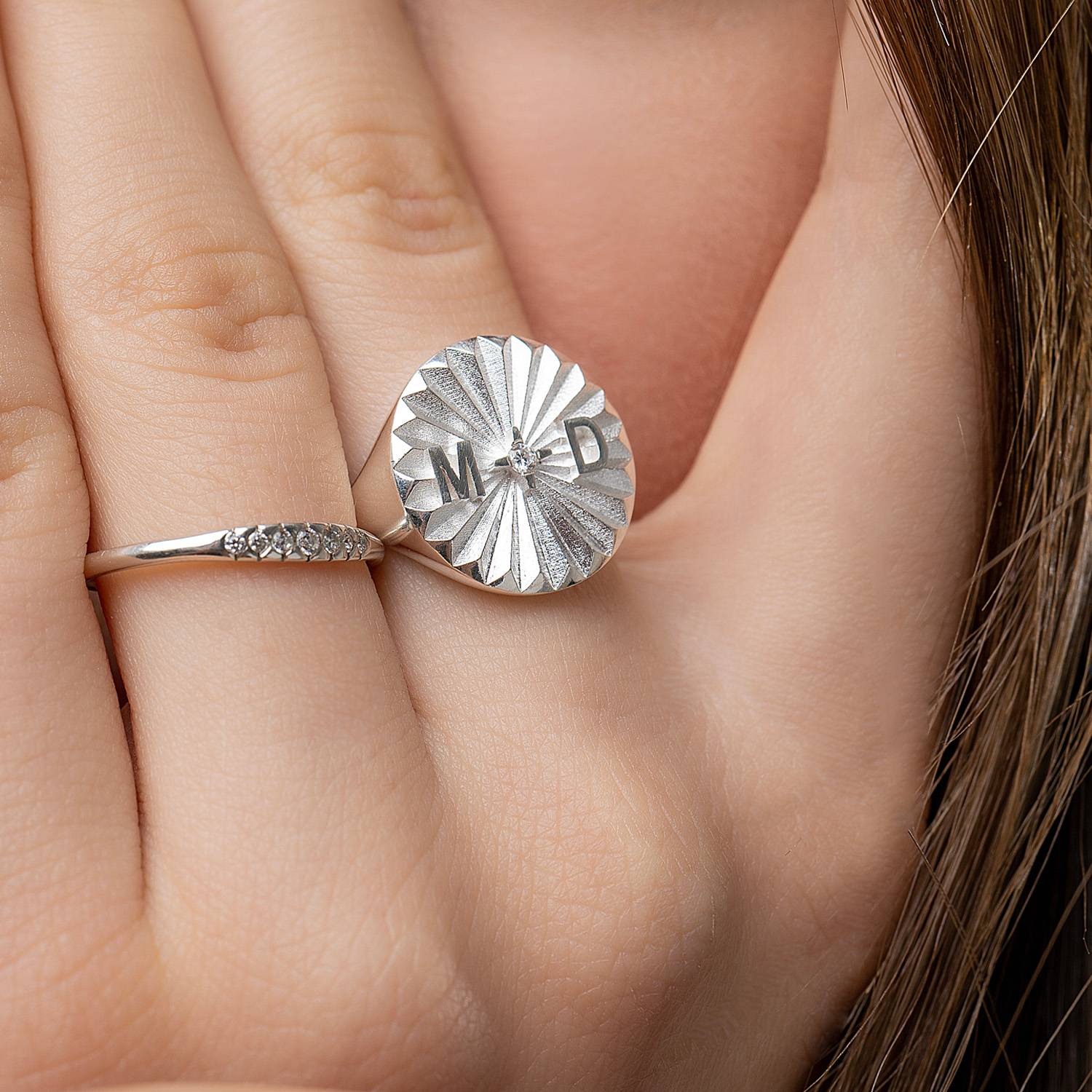 Tyra Initial Medallion Ring with Diamonds- Silver-3 product photo
