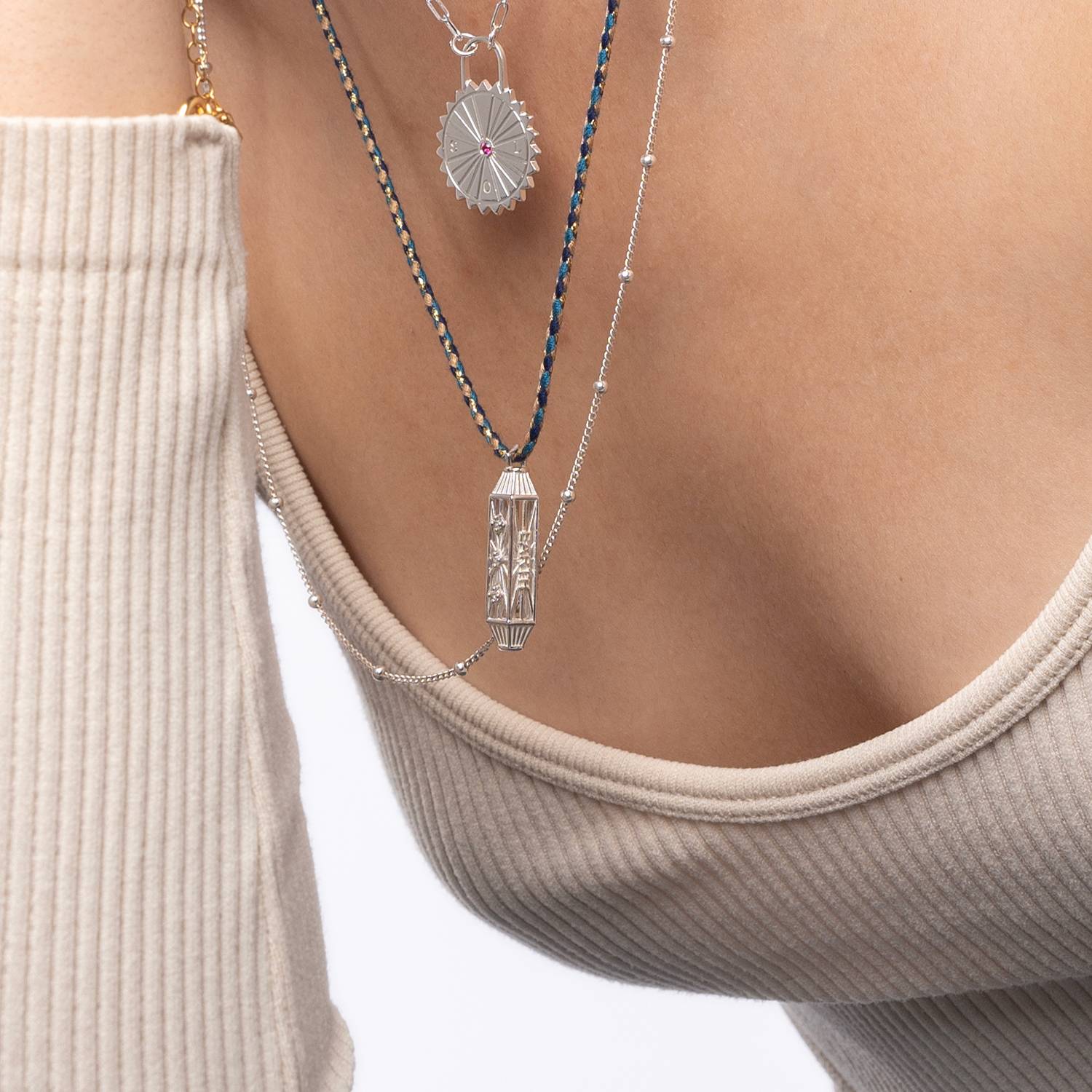 Vertical Diamonds Talisman Necklace with Blue Cord - Silver-4 product photo