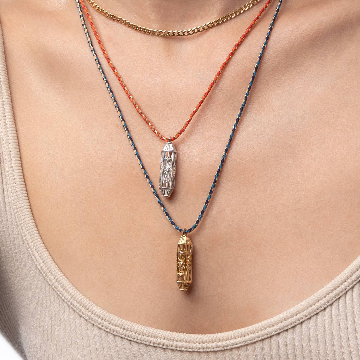 Vertical Diamonds Talisman Necklace with Orange Cord - Silver-3 product photo