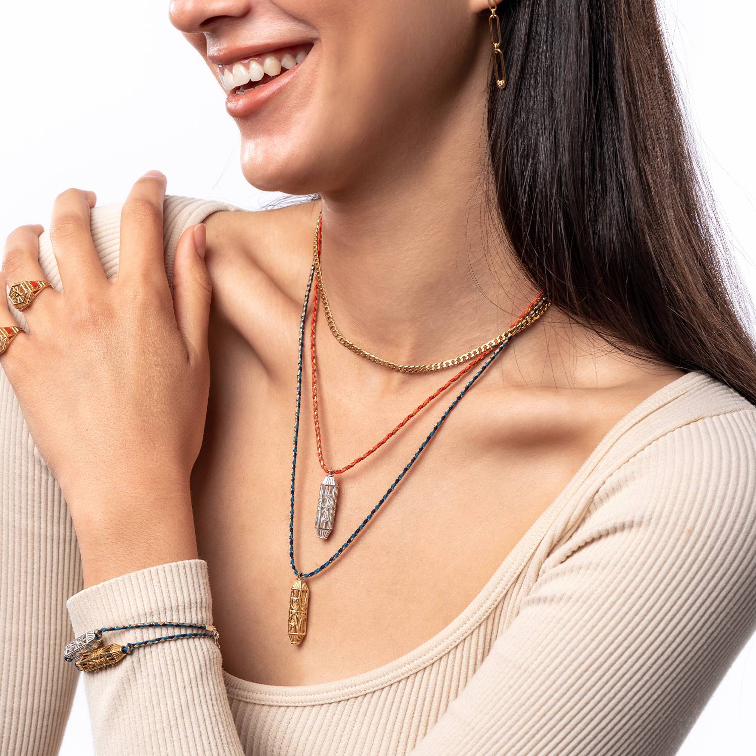 Vertical Diamonds Talisman Necklace with Orange Cord - Silver-5 product photo