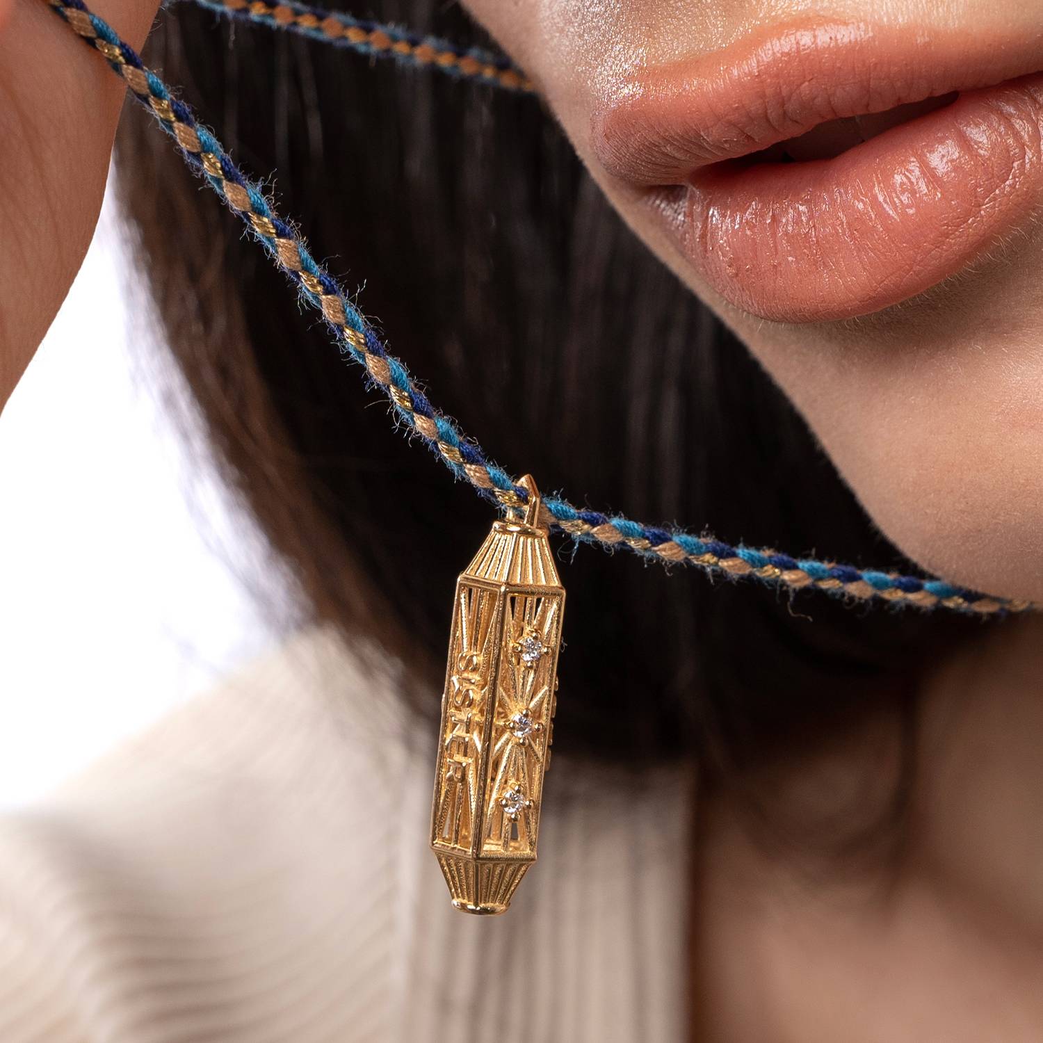 Vertical Talisman Necklace with Blue Cord- Gold Vermeil-3 product photo
