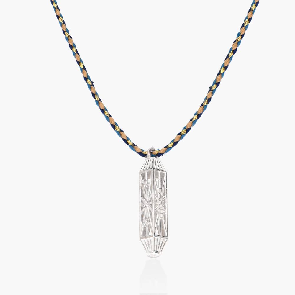 Vertical Talisman Cubic Zirconia Necklace with Blue Cord - Silver-3 product photo