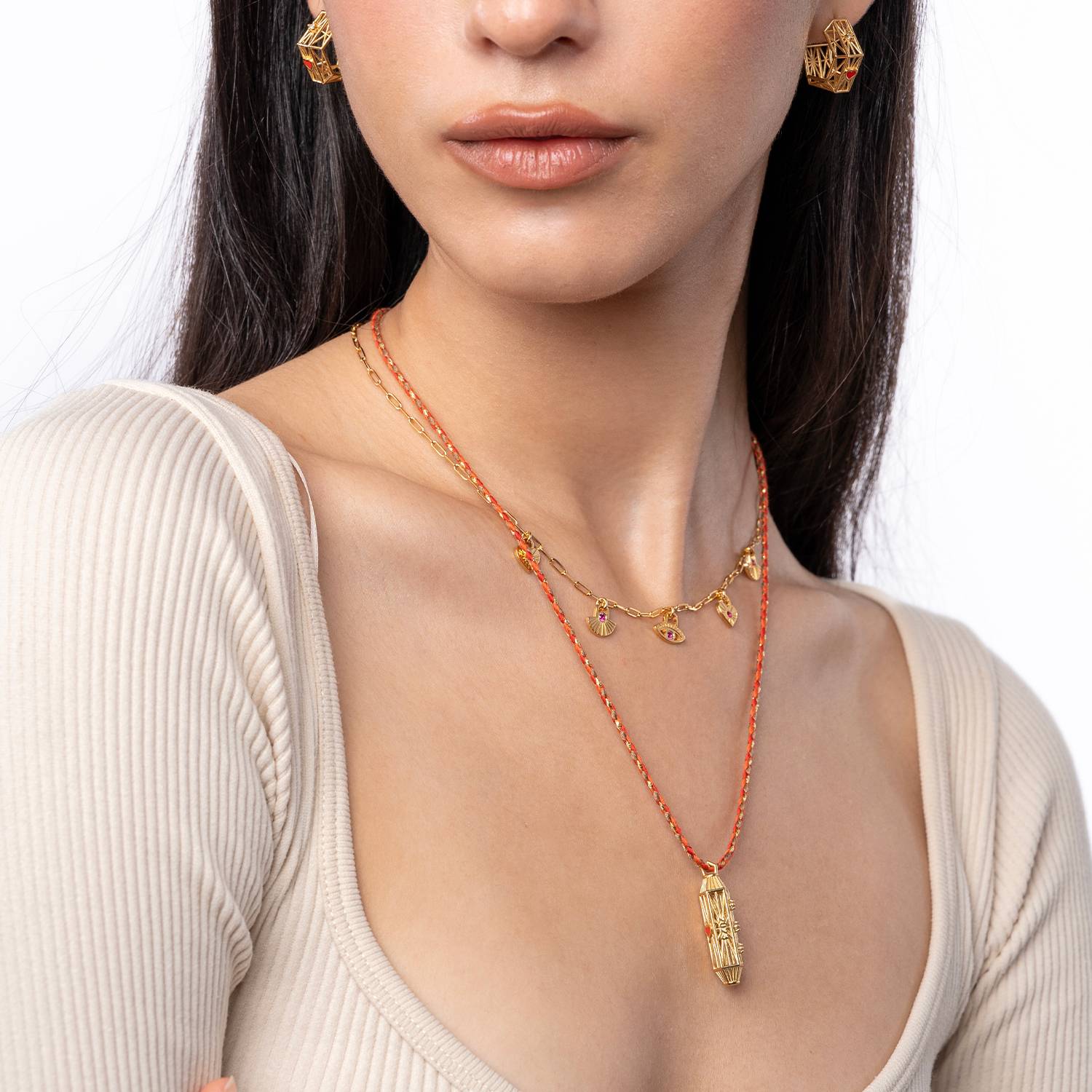 Vertical Talisman Necklace with Orange Cord- Gold Vermeil-6 product photo