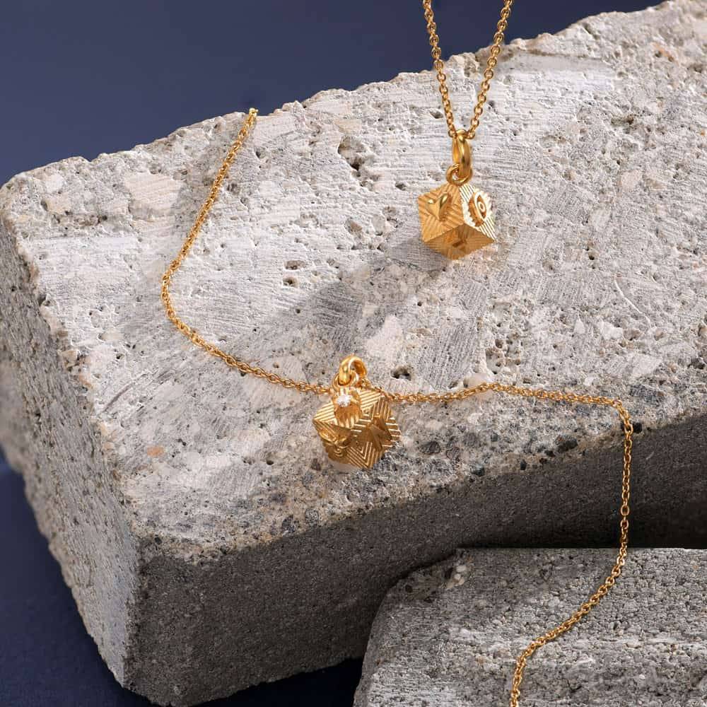 3D Cube Initial Necklace With Diamond - Gold Vermeil