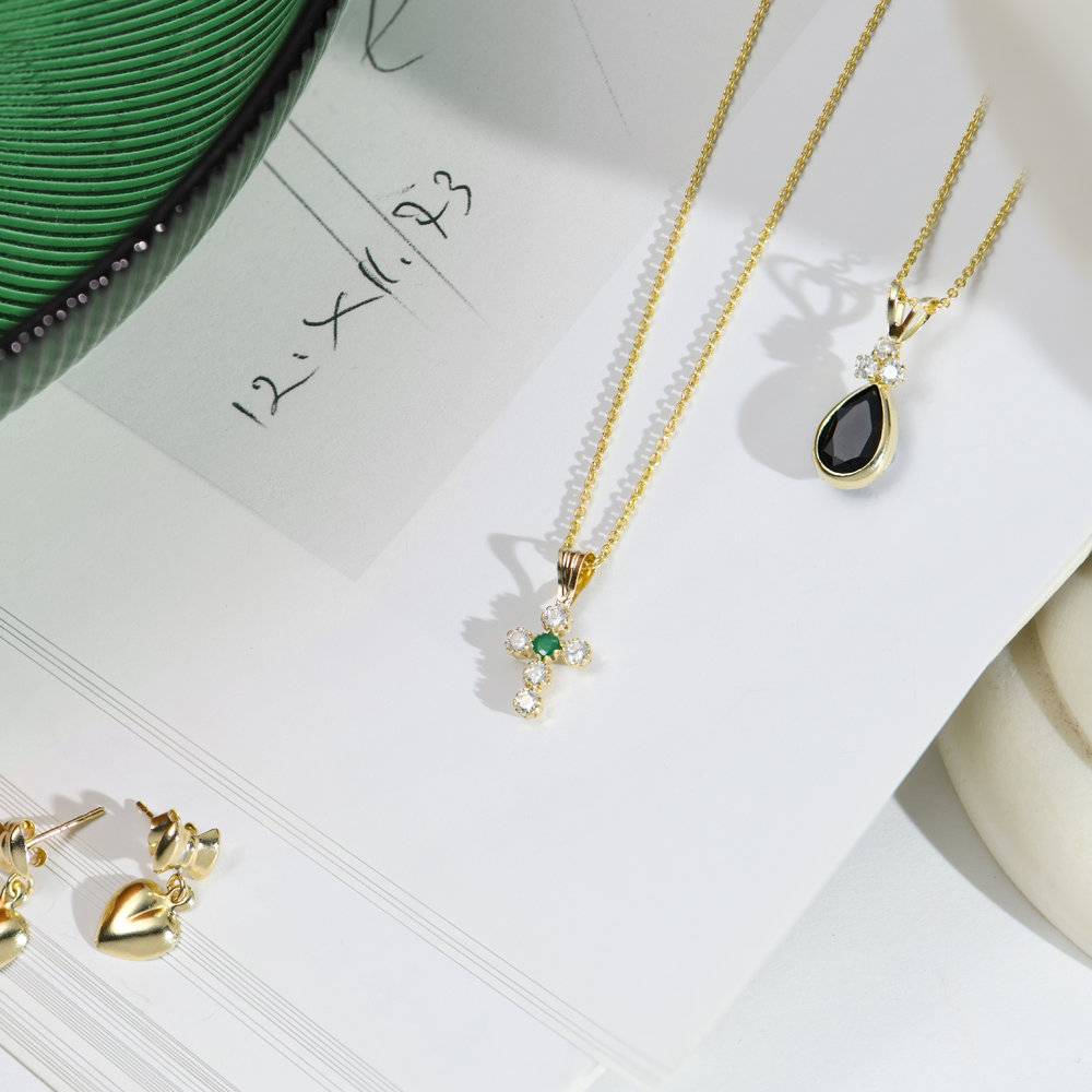 14K Gold Cross Necklace With Emerald and Cubic Zirconia-2 product photo