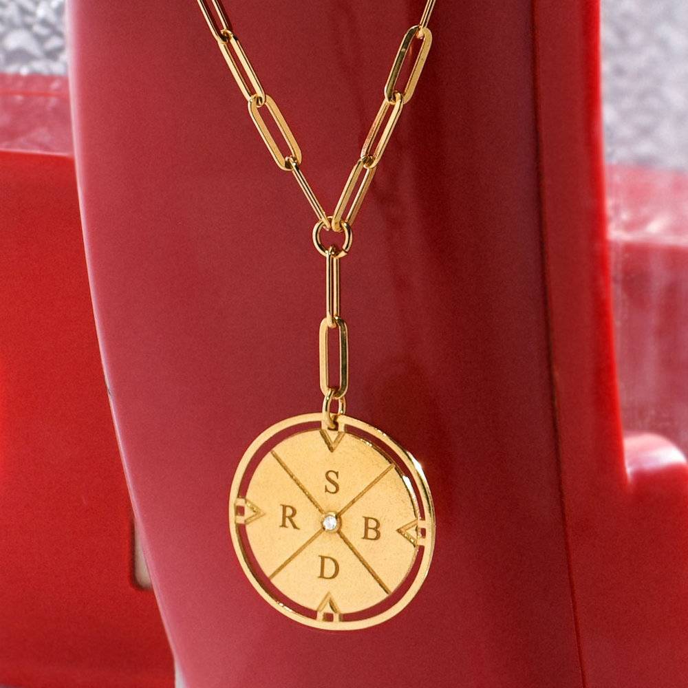 Engraved Compass Necklace with Diamond - Gold Vermeil-5 product photo