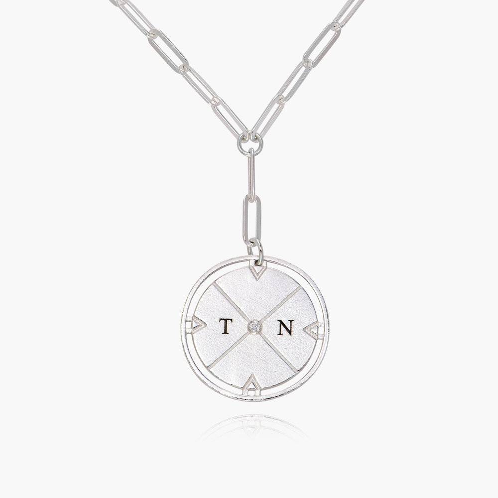 Collier Boussole Gravée avec Diamant en Argent-3 photo du produit