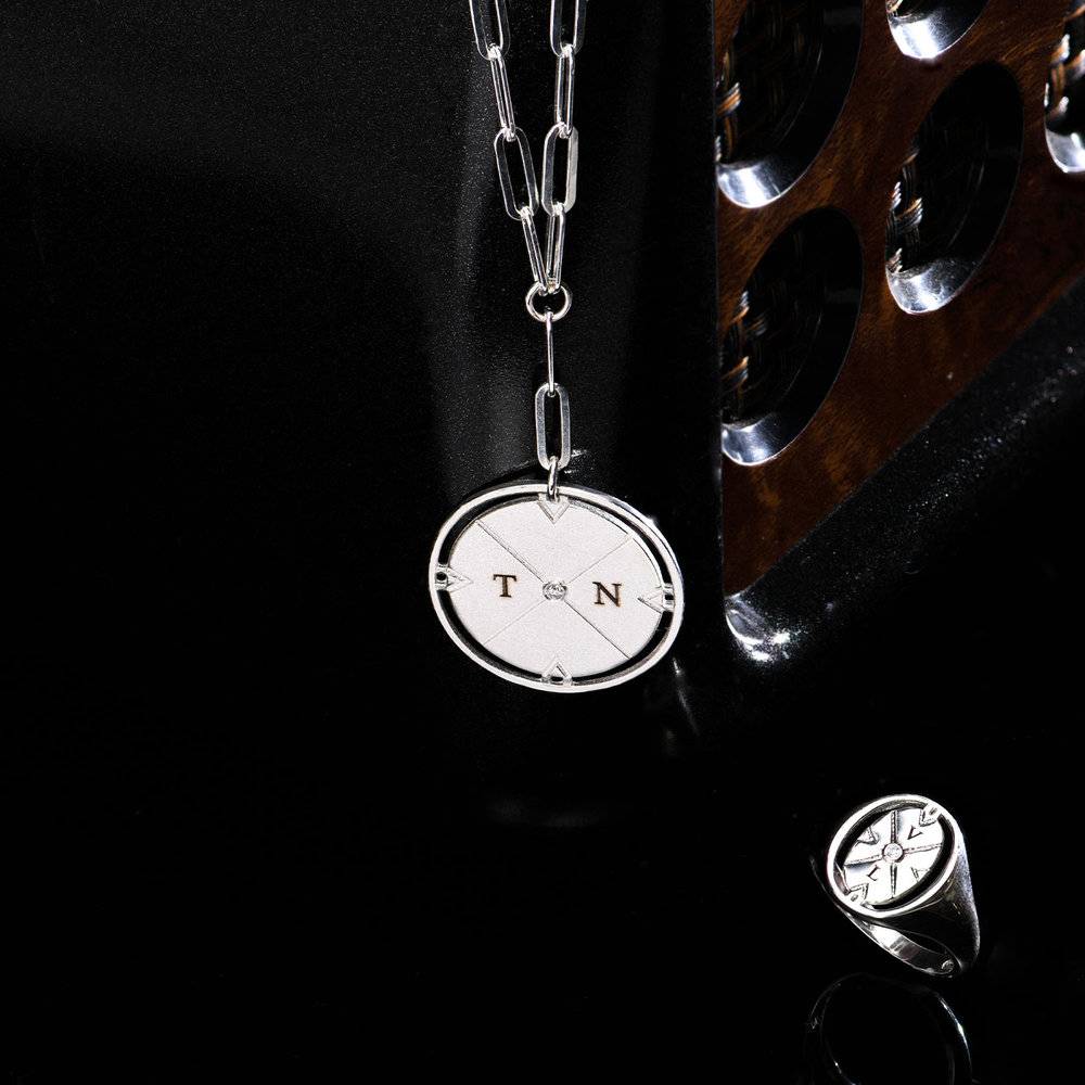 Engraved Compass Necklace with Diamond - Silver-6 product photo