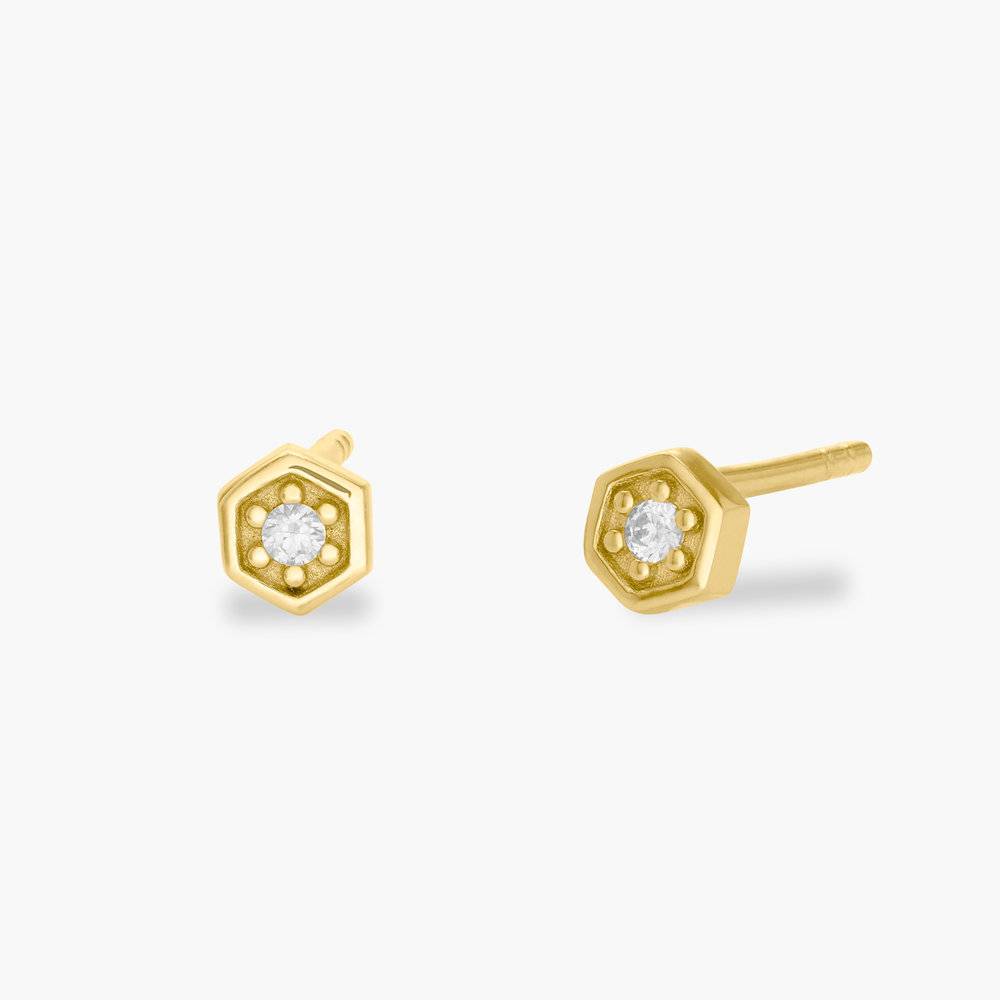 Hexagon Stud Earrings- Gold Plating with Cubic Zirconia-2 product photo
