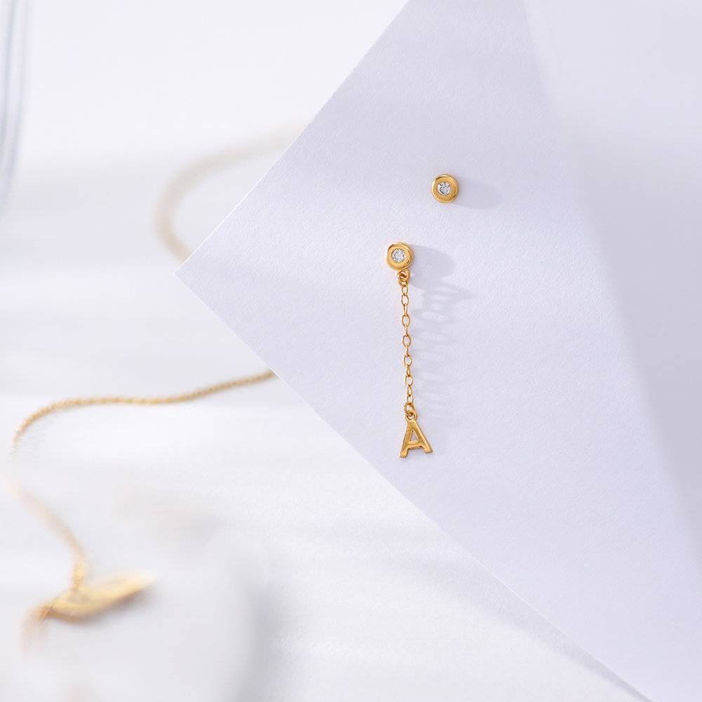 Inez Initial Chain Stud Earrings with Zirconia - Gold Vermeil-3 product photo