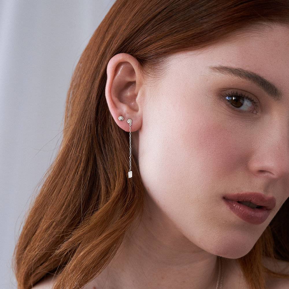 Inez Initial Chain Stud Earrings with Zirconia - Silver-4 product photo