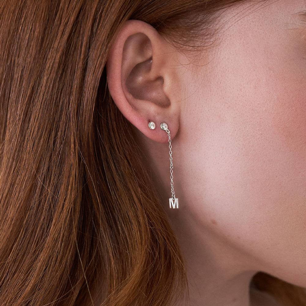 Inez Initial Chain Stud Earrings with Zirconia - Silver-5 product photo
