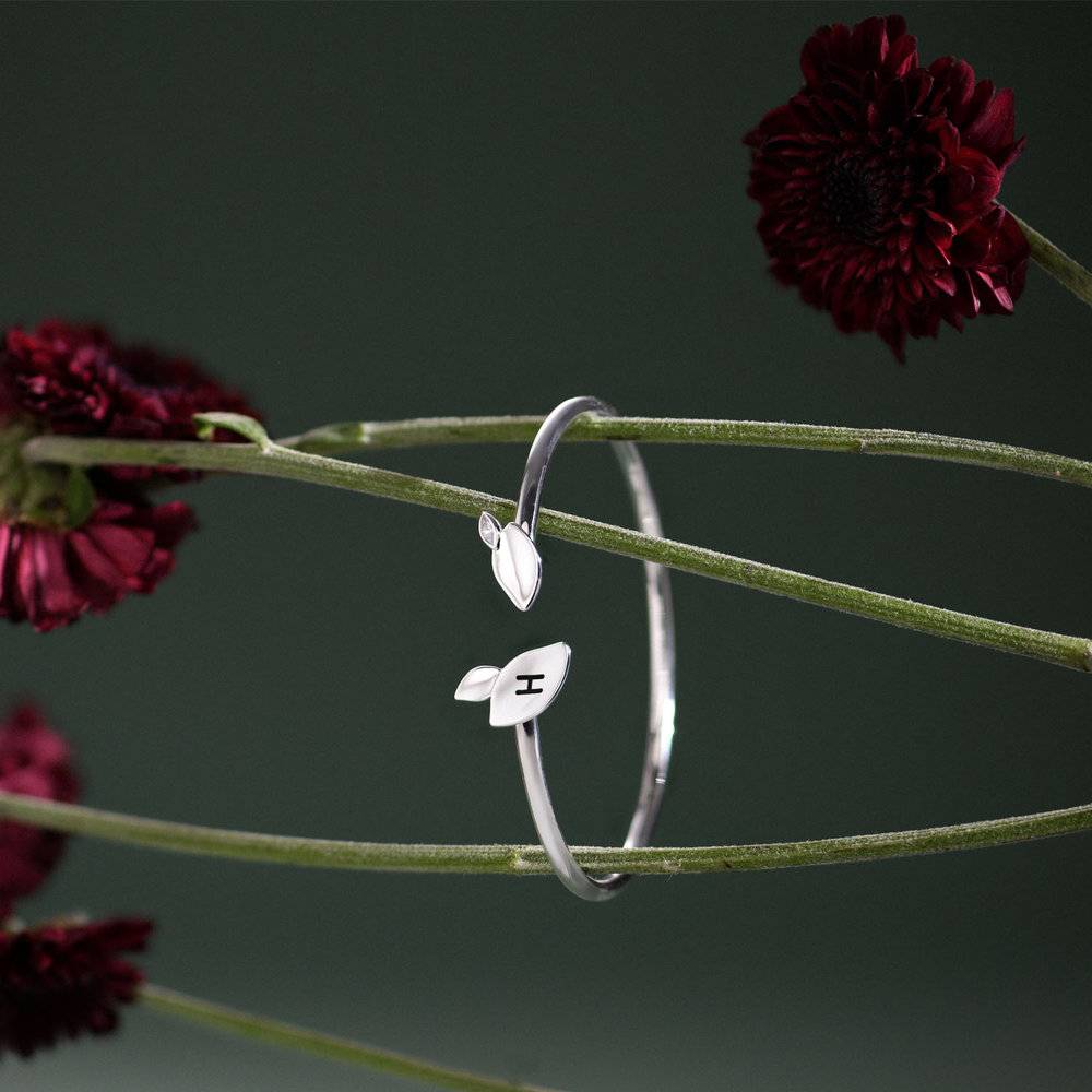 Initial Leaves Cuff With Cubic Zirconia- Silver product photo