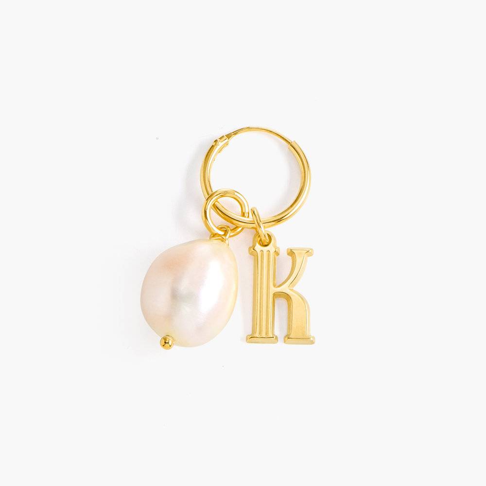Initial Hoop Earrings With Baroque Pearl - Gold Vermeil product photo
