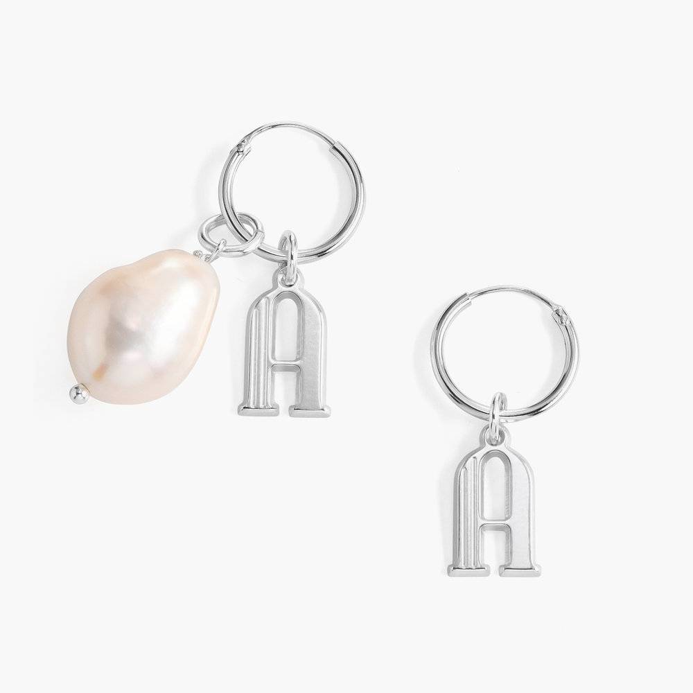 Initial Hoop Earrings With Baroque Pearl - Sterling Silver