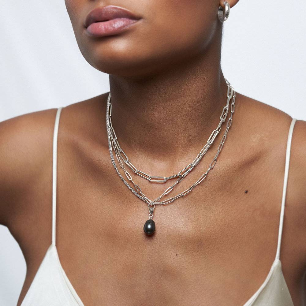 Isla Black Pearl Necklace With Paperclip Chain - Silver-4 product photo