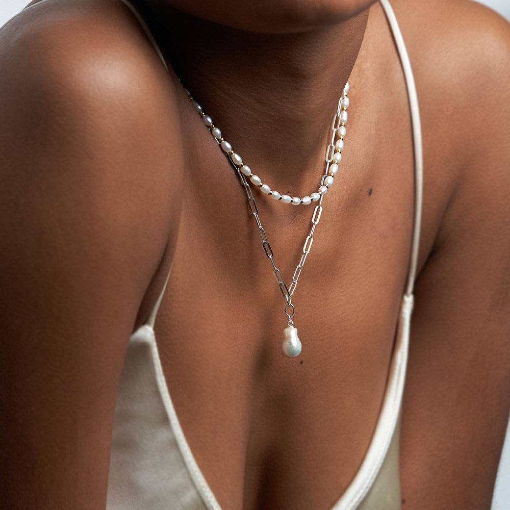 Isla White Pearl Necklace With Paperclip Chain - Silver-3 product photo