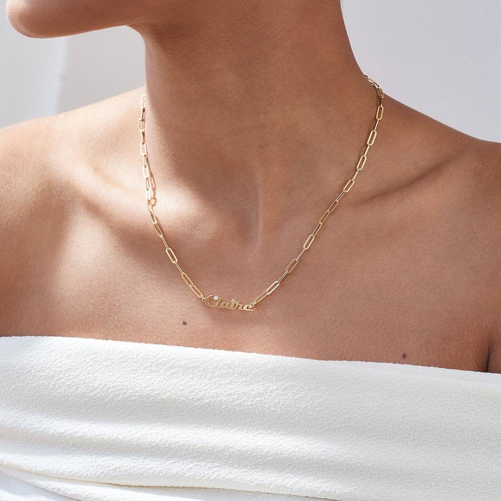 Link Chain Name Necklace with Diamond - Gold Plated