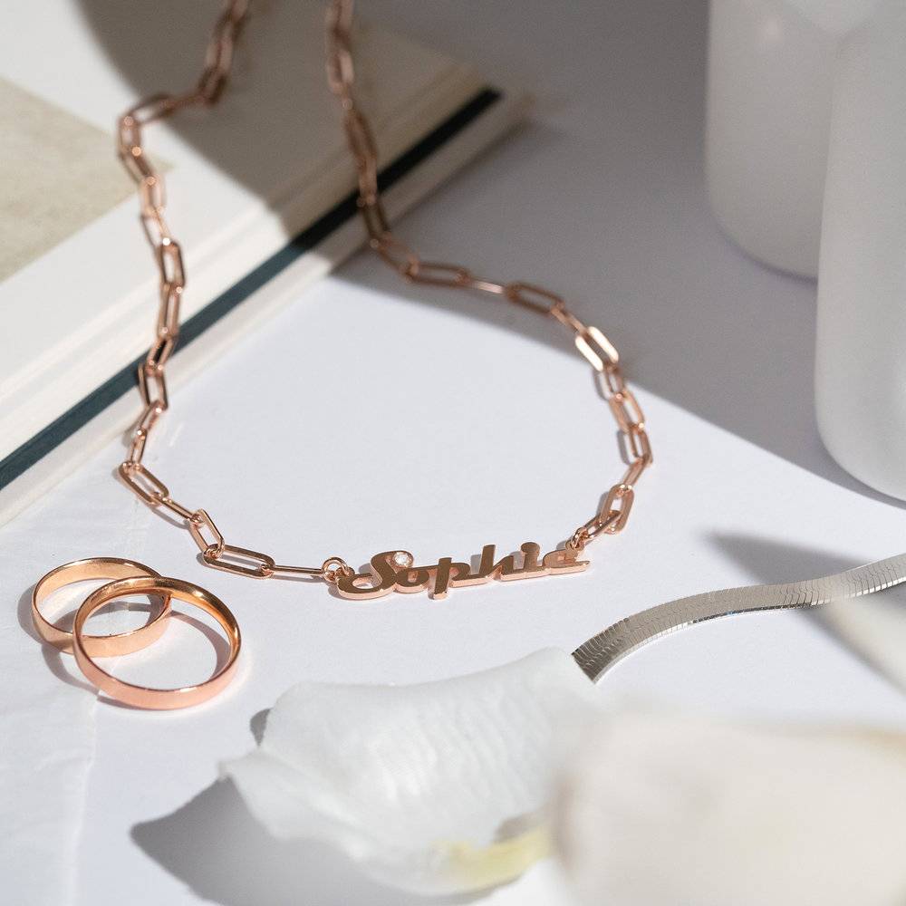 Link Chain Name Necklace with Diamond - Rose Gold Plated-3 photo du produit