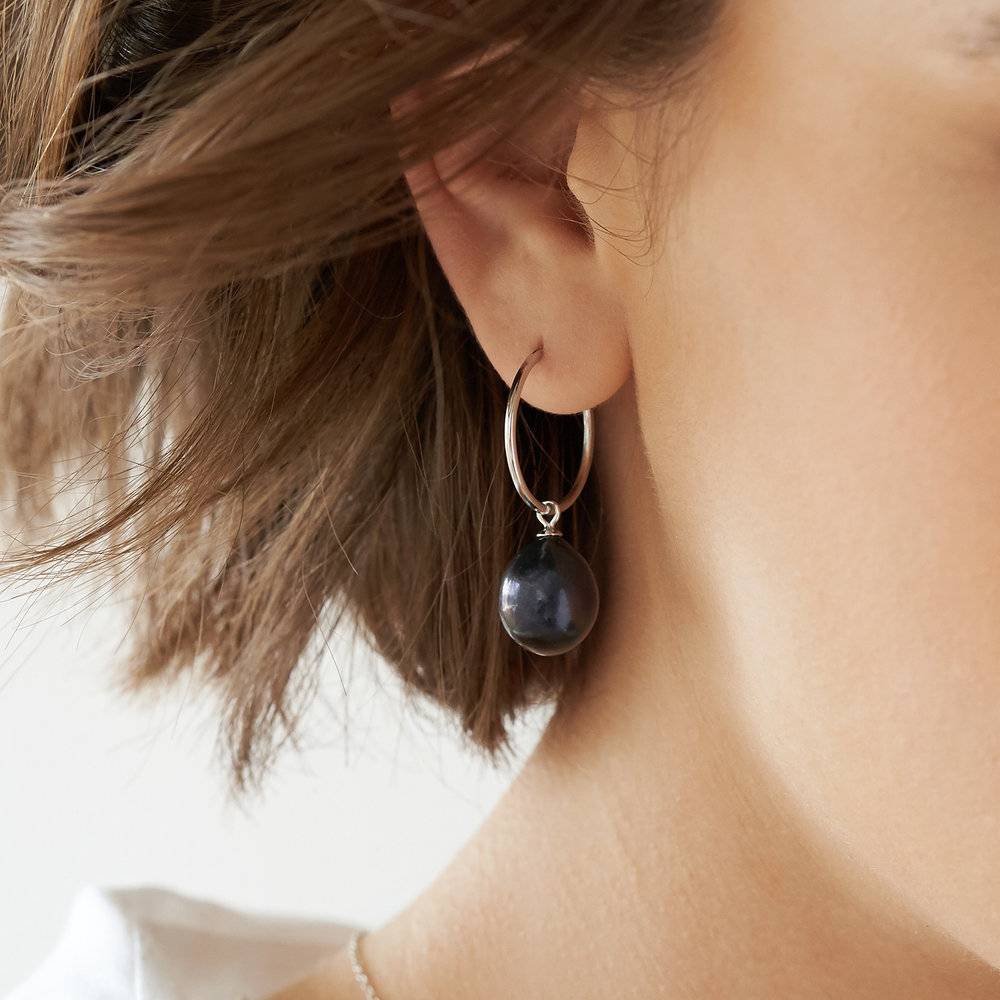 Melody Black Pearl Hoop Earrings- Silver-2 product photo