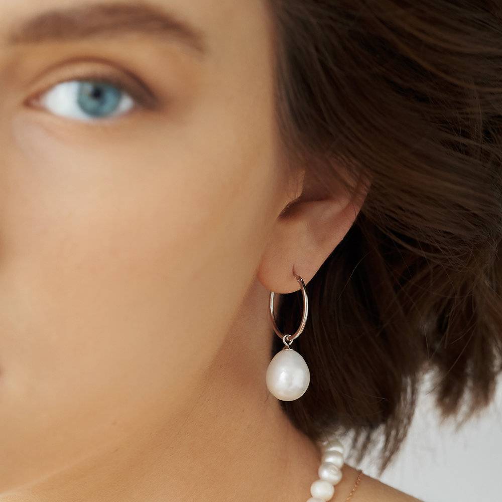 Melody White Pearl Hoop Earrings- Silver-1 product photo