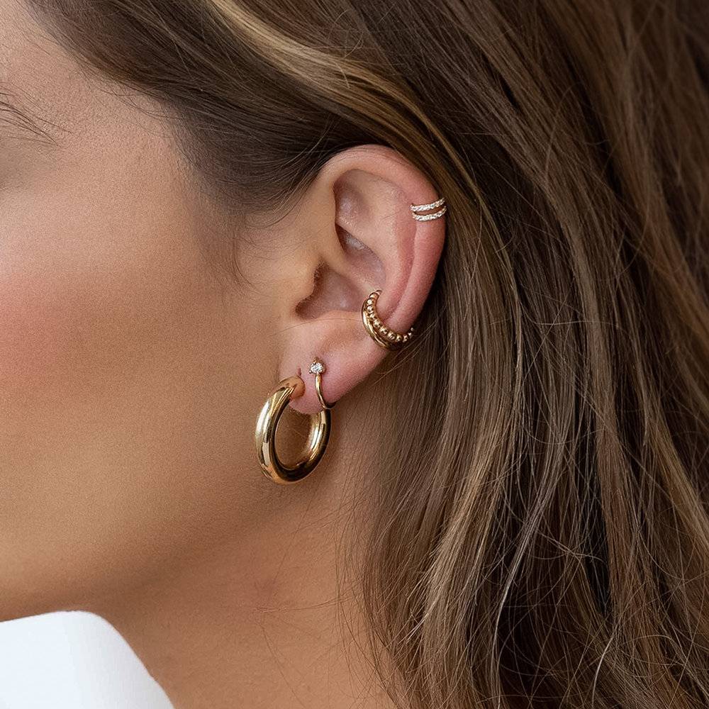 Stud Hoop Earring with Single Zirconia - Gold Plated-2 product photo