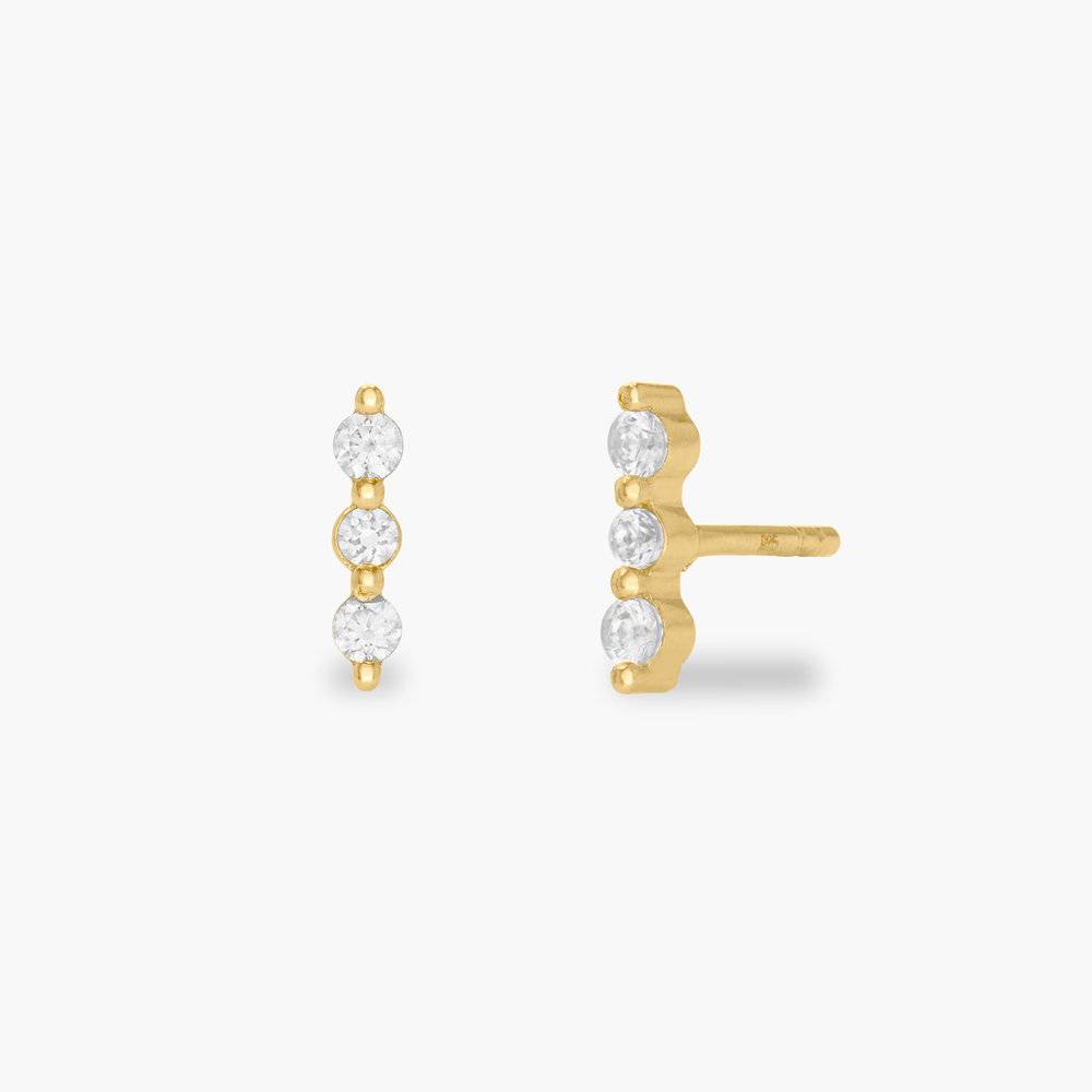 Triple Stone Stud Bar Earrings- Gold Plating with Cubic Zirconia-1 product photo