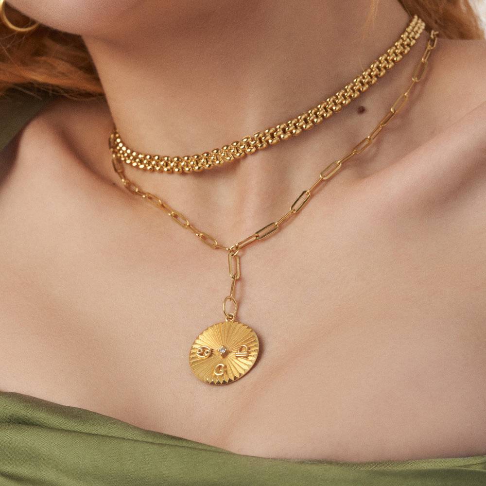 Tyra Initial And Zodiac Medallion Necklace With Diamond- Gold Vermeil