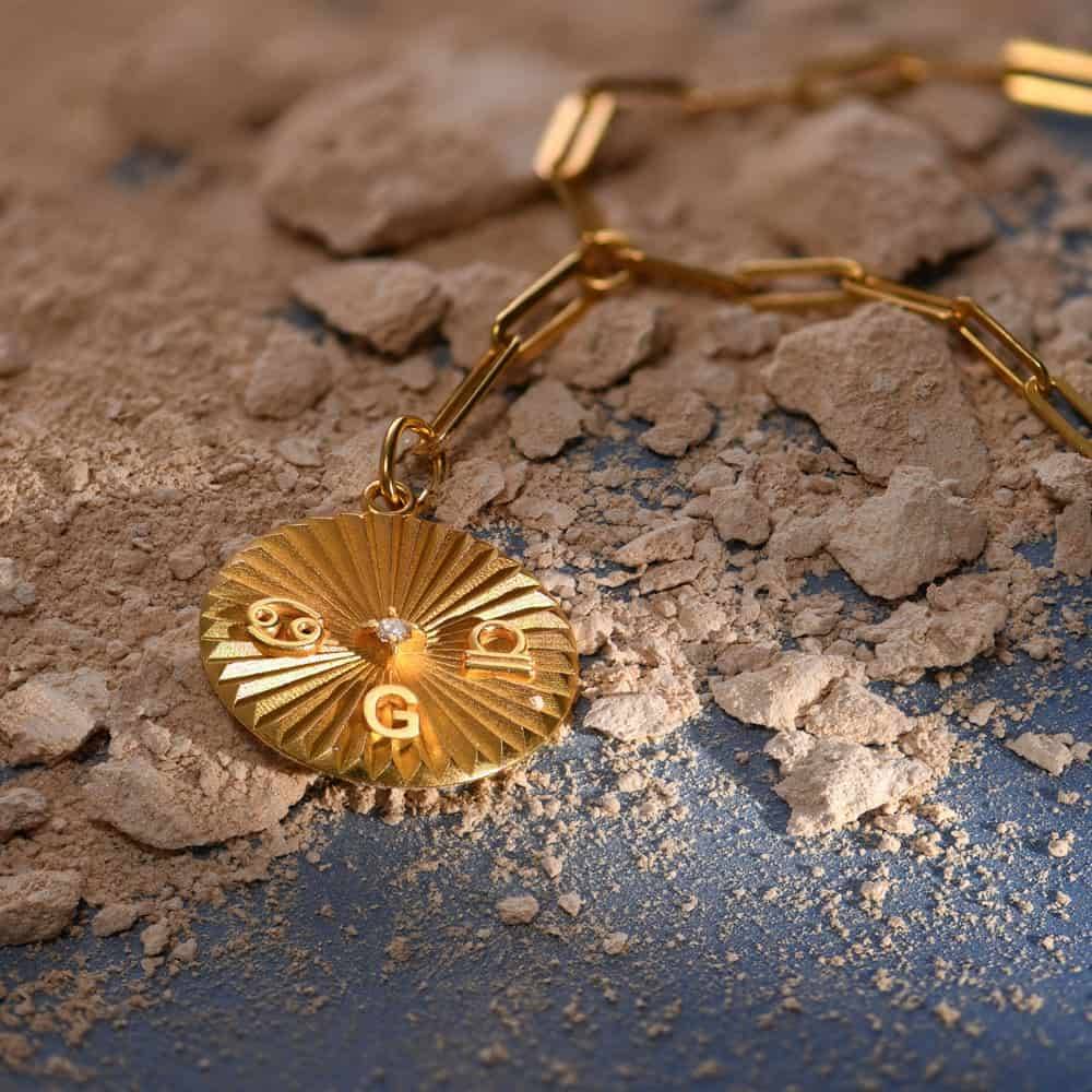 Tyra Initial And Zodiac Medallion Necklace With Diamond- Gold Vermeil