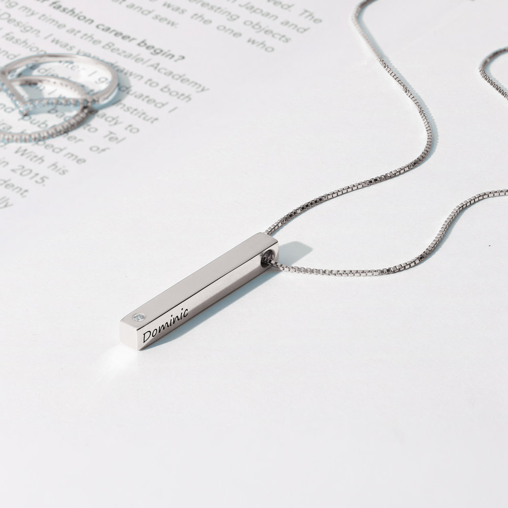 Pillar Bar Necklace with Diamond - Silver - 2
