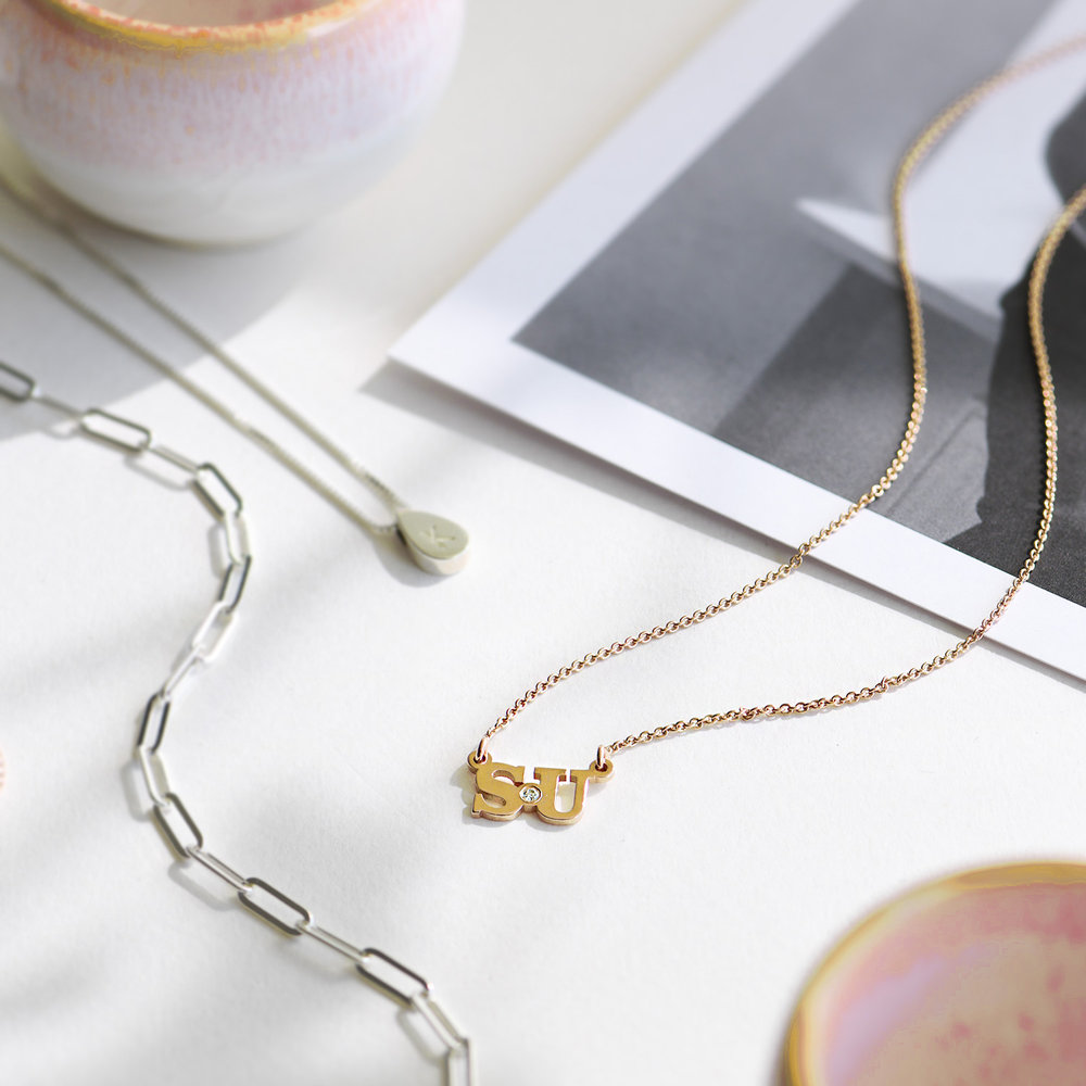 Seeing Double Initials Necklace - Gold Plated with diamond - 1 product photo