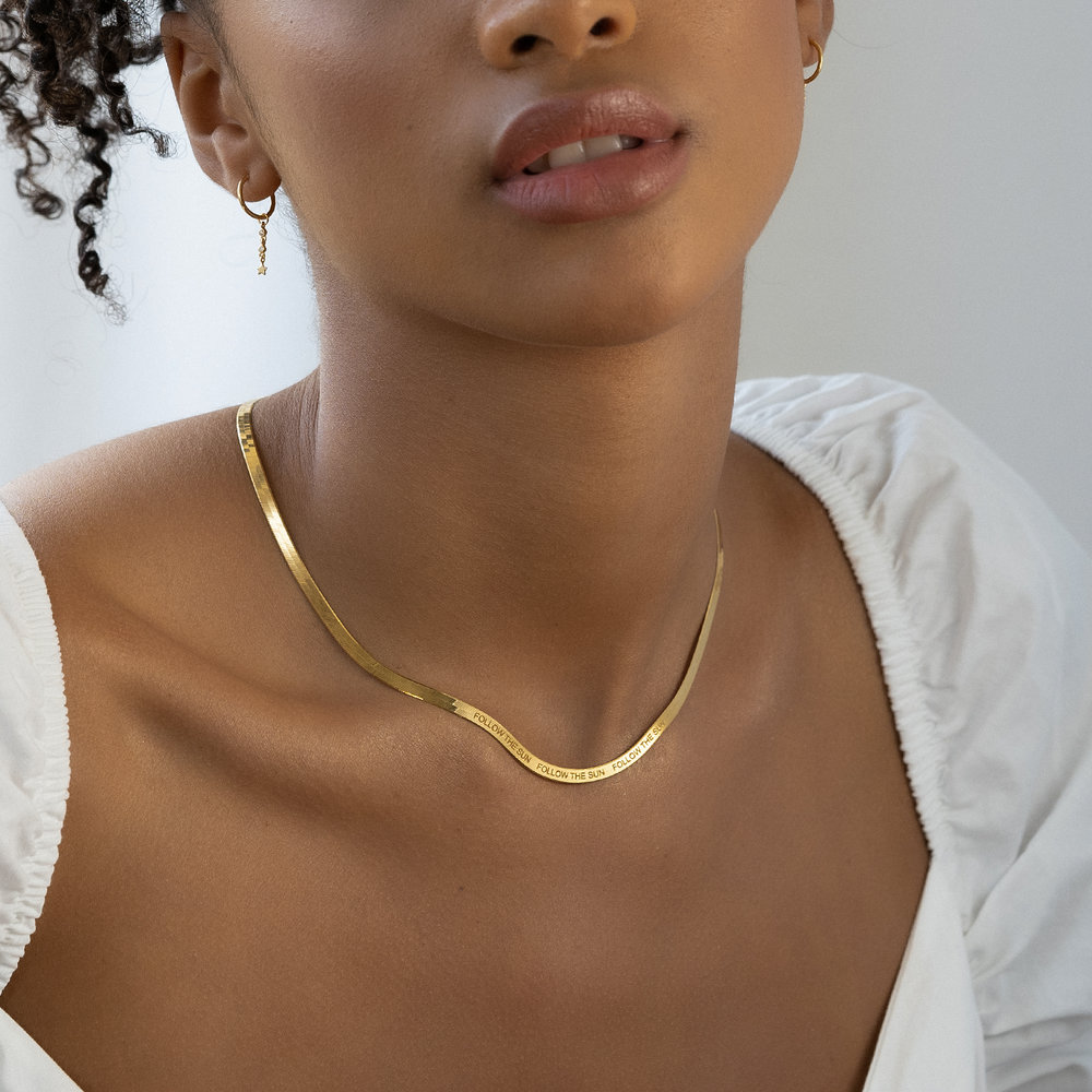 Herringbone Engraved Slim Chain Necklace - Gold Plated - 3