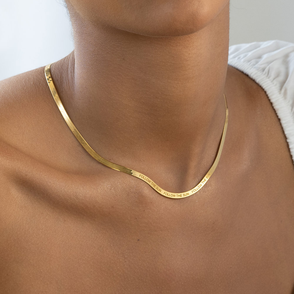 Herringbone Engraved Slim Chain Necklace - Gold Plated - 4