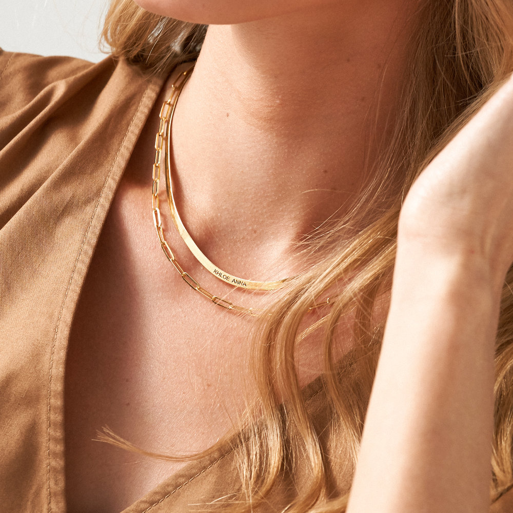 Herringbone Engraved Slim Chain Necklace - Gold Plated - 5