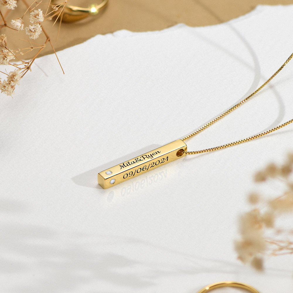 Pillar Bar Engraved Necklace With Diamonds - Gold Plated - 2
