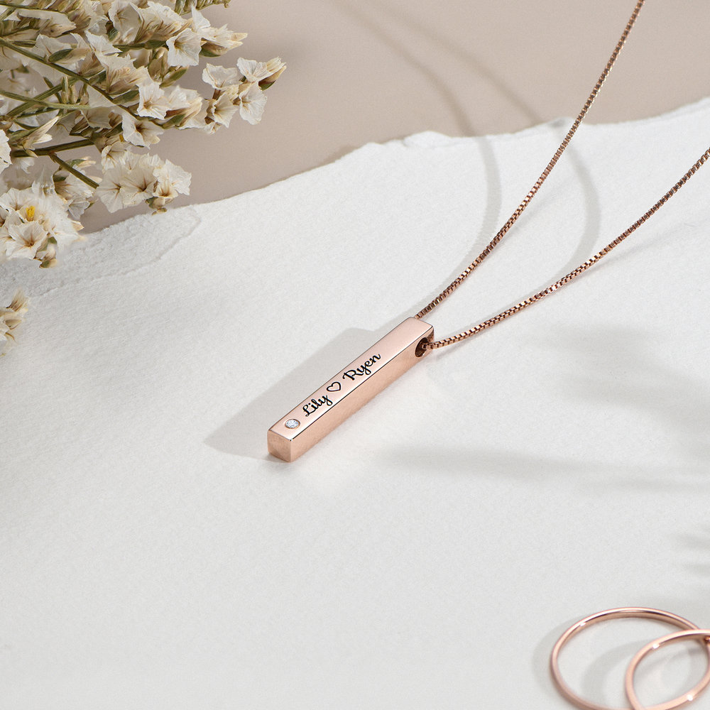 Pillar Bar Engraved Necklace With Diamonds - Rose Gold Plated - 2 product photo