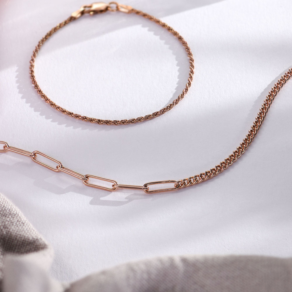 Half Gourmette & Half Link Chain Necklace - Rose Gold Plated - 1